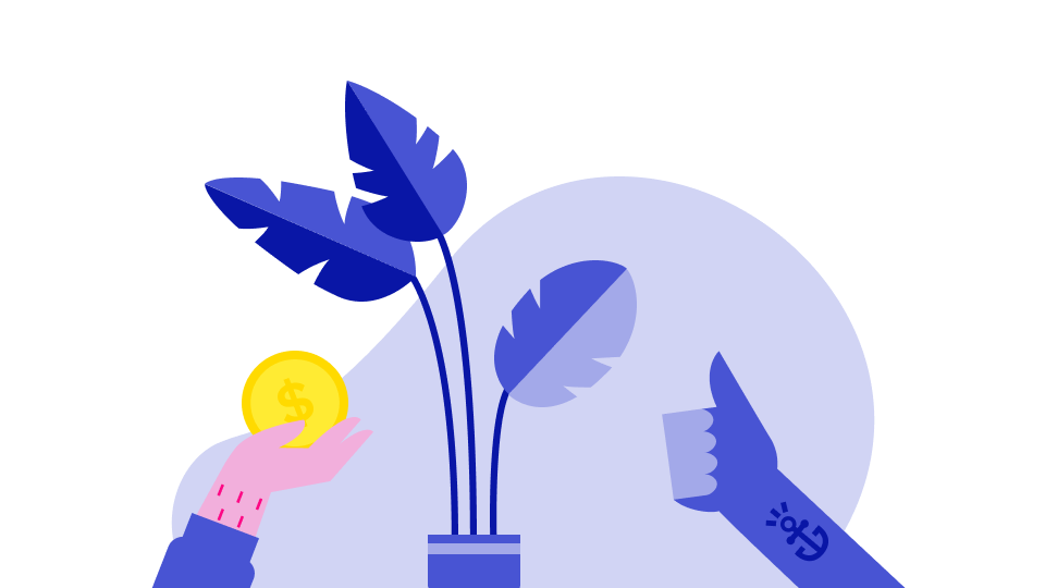 An icon image. In the centre is a plant, on the left hand side is a hand holding up a coin, representing a Trade Me buyer. On the right of the plant is another hand with a thumbs up, representing a seller on Trade Me.