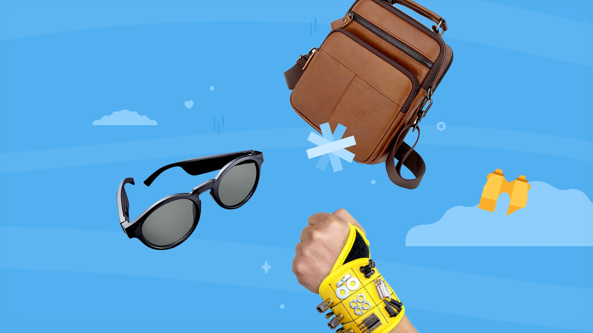 A selection of on-the-go gifts including Bose audio sunglasses, a leather satchel and a magnetic wristband.