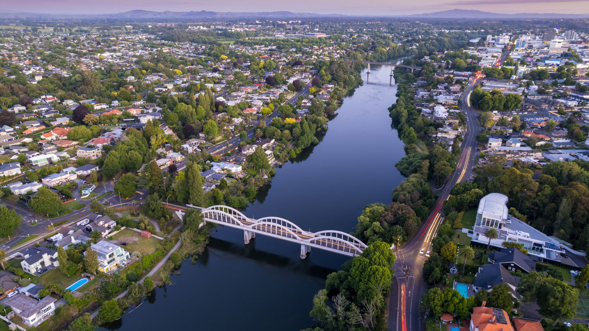 A bird's eye view of the Waikato river flowing through Hamilton.