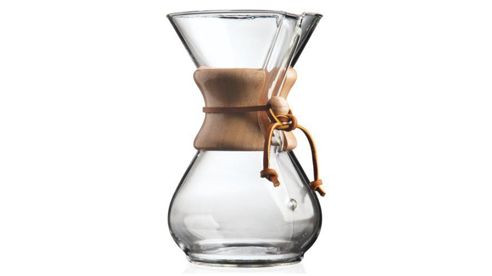 An hourglass-shaped Chemex coffee pot. 
