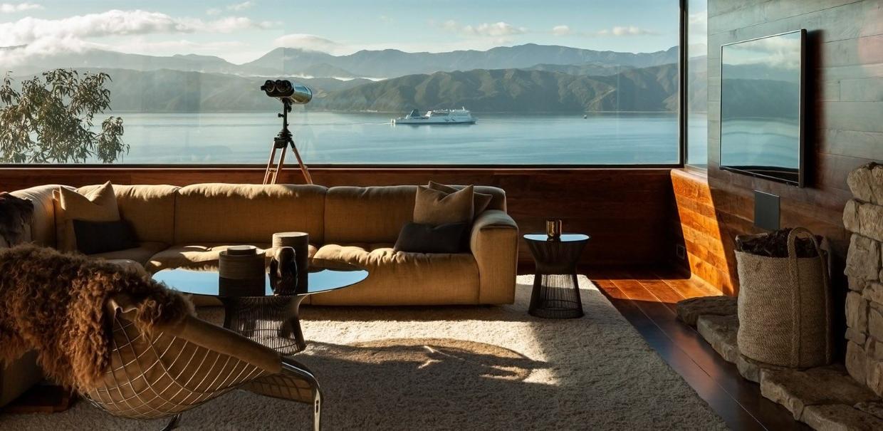 Living room window displaying the mountain range. 