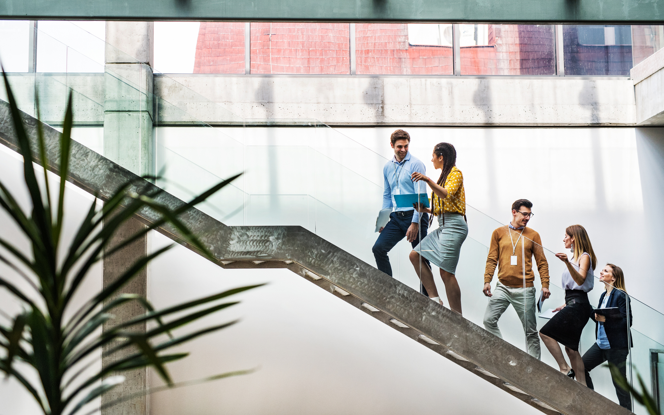 Staff walk up staircase, returning to work