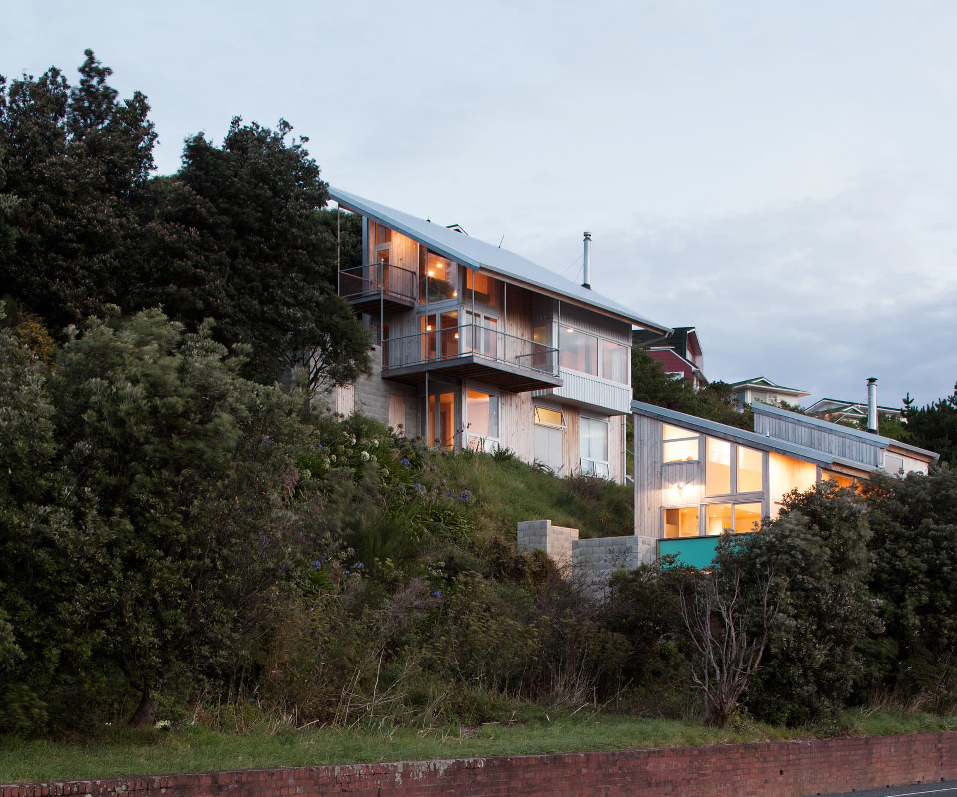 Eventually, they split the site halfway down and ran a steep set of concrete stairs up the side to service the front doors of both house