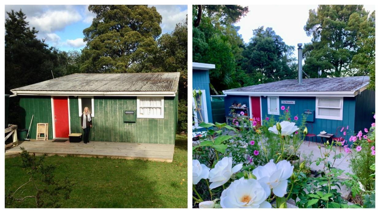 Before and after: Pip was photographed outside the bach when they bought it in 2015; while today (right) the bach has had a whole new lease of life - but they kept the red door