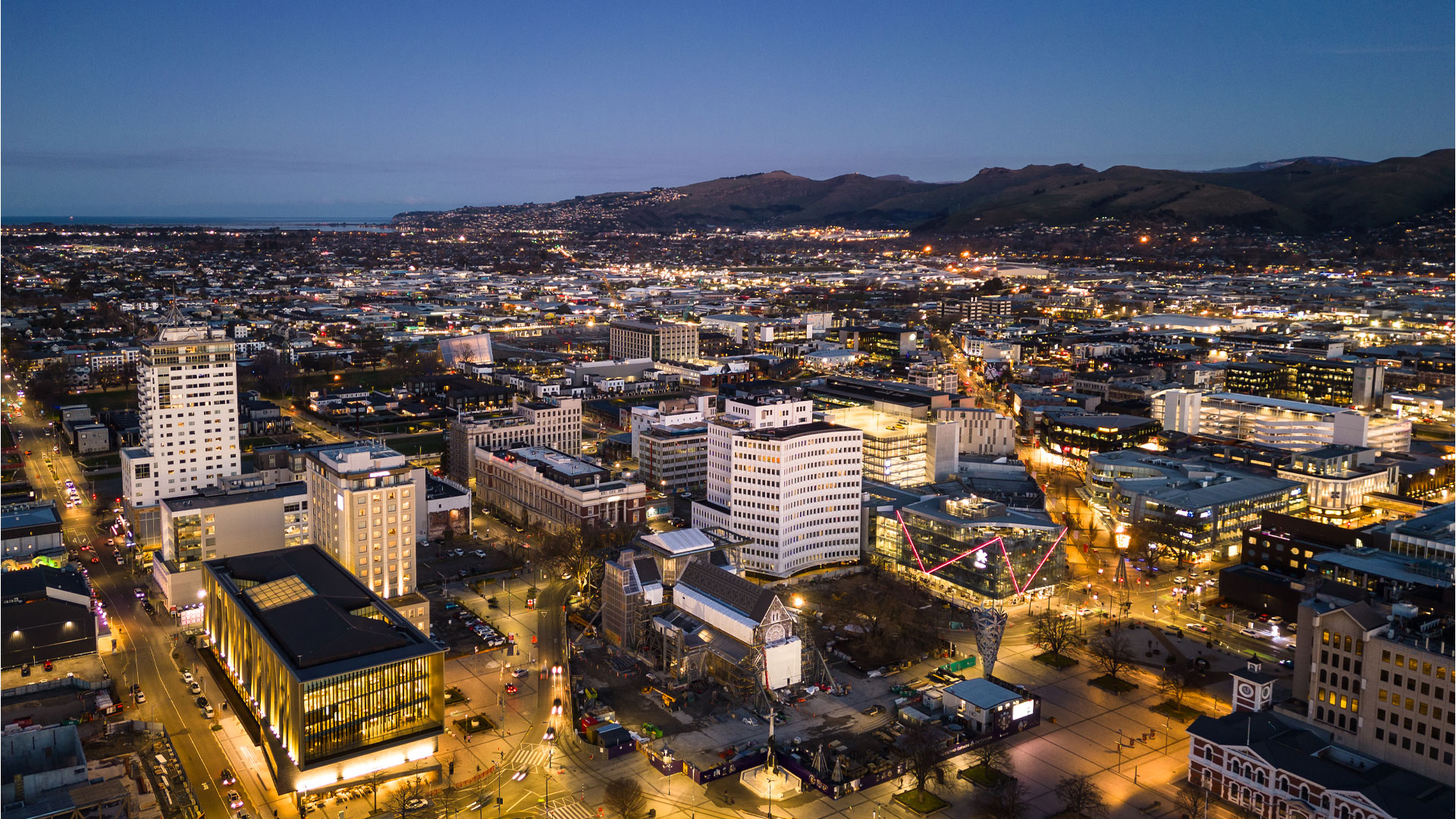 A view of Christchurch city centre at night.