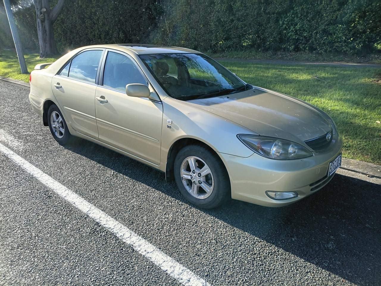 A silver 2003 Toyota Camry V6 parked in a typical suburban Kiwi driveway