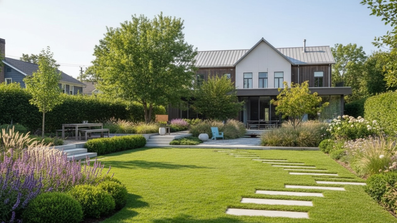 A spacious modern backyard featuring a large flat green lawn, a stone tile walkway, and a raised patio area with a wooden dining set, bordered by architectural privacy hedges and soft ornamental grasses.