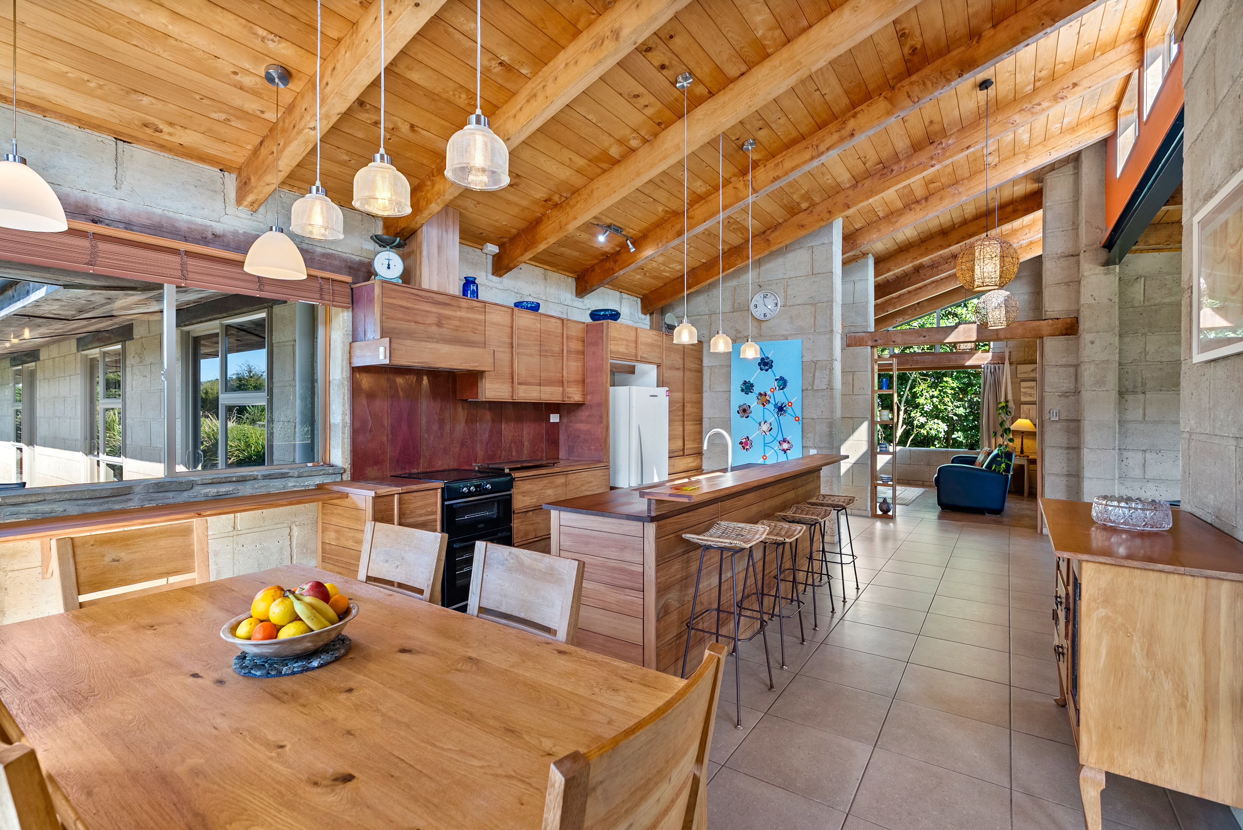 The handcrafted kitchen and dining room.