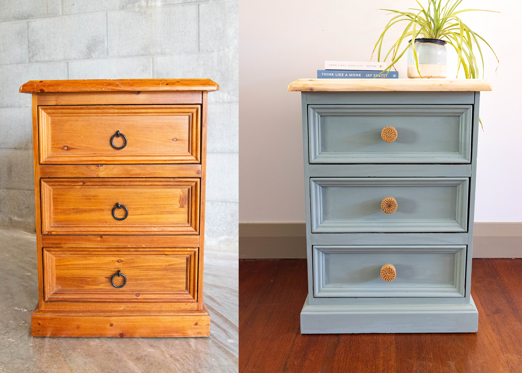 Before: Plain bedside drawers. After: Upcycled drawers with coastal charm and character.