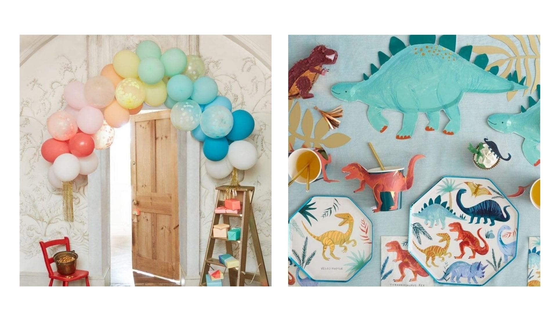 A split image, one showing a balloon arch over a door, and the other showing dinosaur themed party plates, cusp, napkins and table decorations.