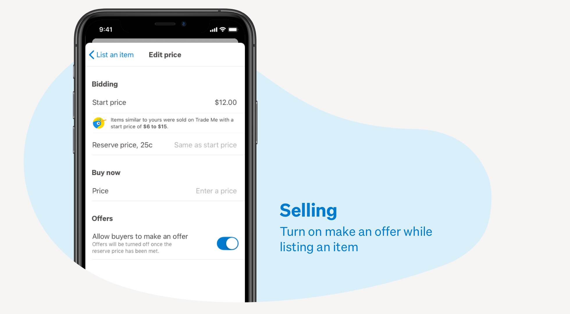 A smartphone, showing the option to 'Allow buyers to make an offer' during the listing process in the app.