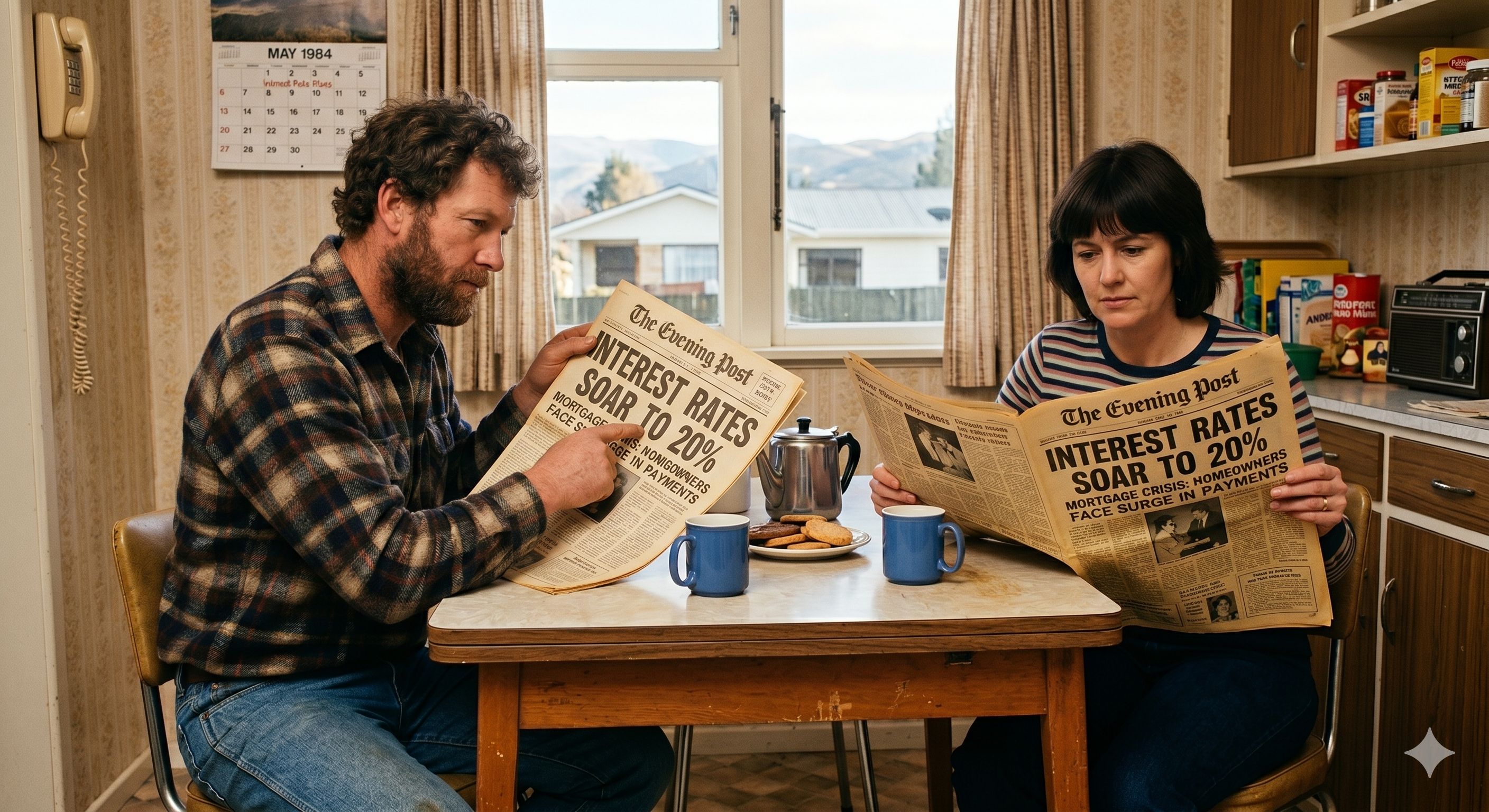 Two people in NZ reading newspaper in 80s