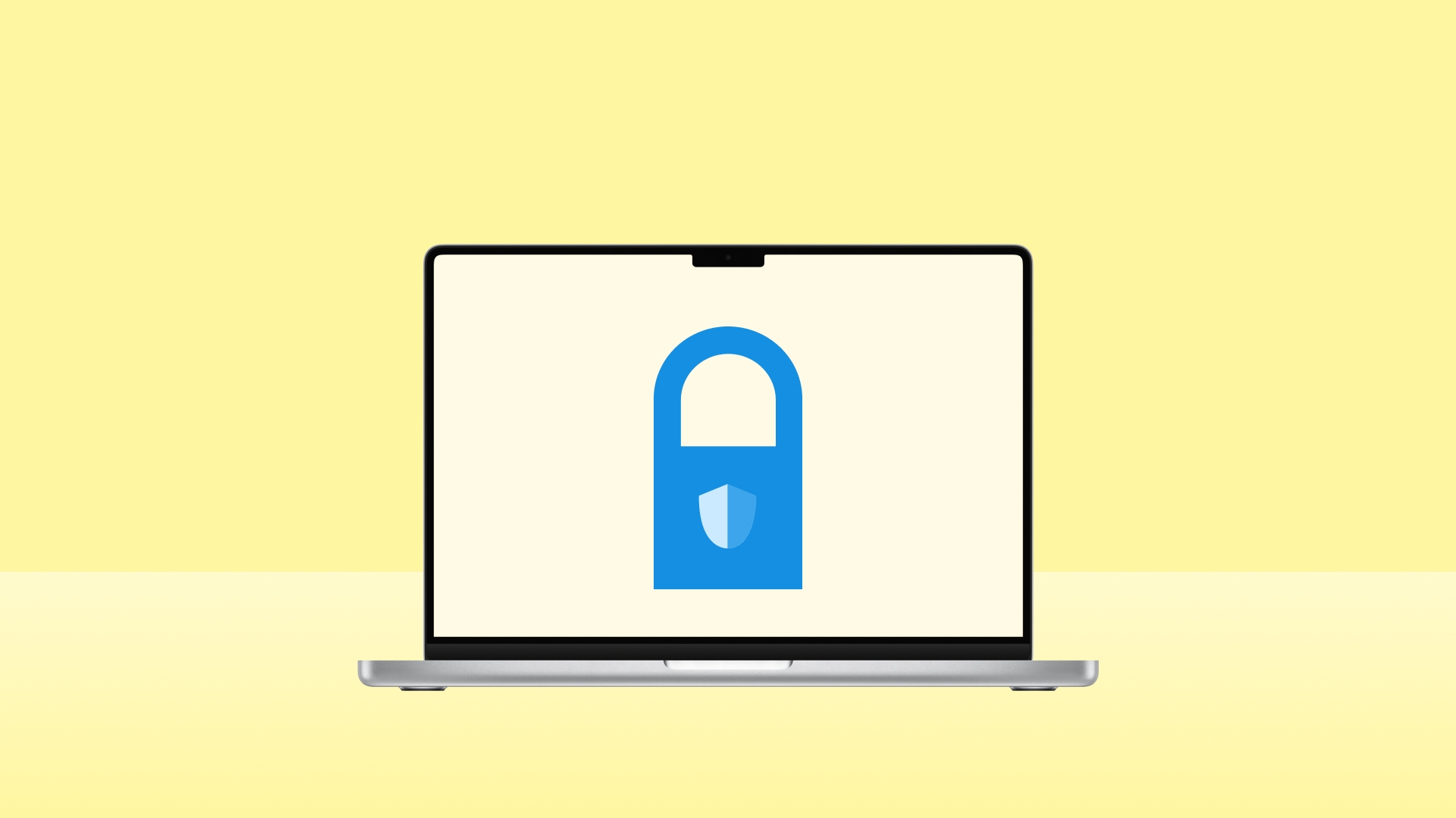 Illustration of a blue laptop on a yellow background, with a padlock lock on the screen.