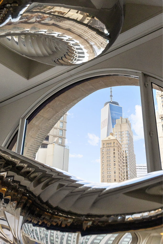 New York skyline seen through silver internal slide