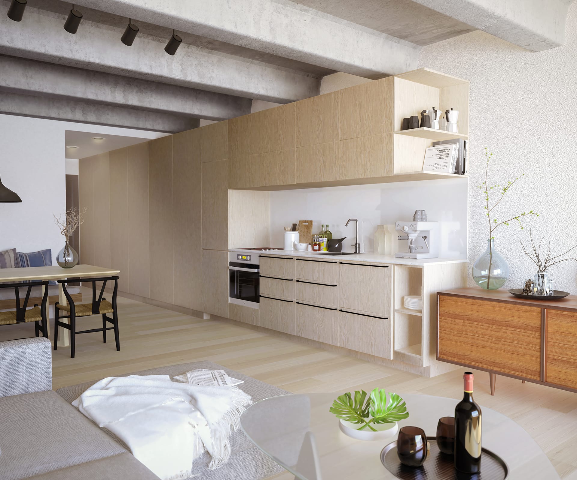 Interior of apartment with concrete ceiling, light wood floors and kitchen