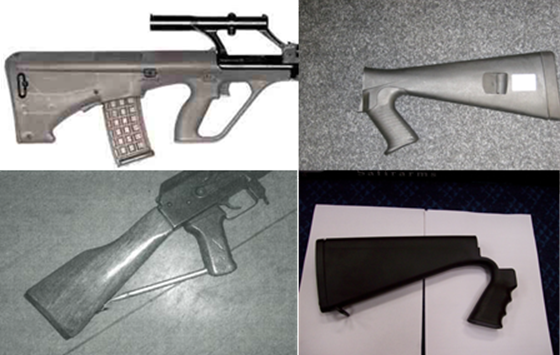 Four photos showing 4 types of 'E' category firearm stocks not permitted