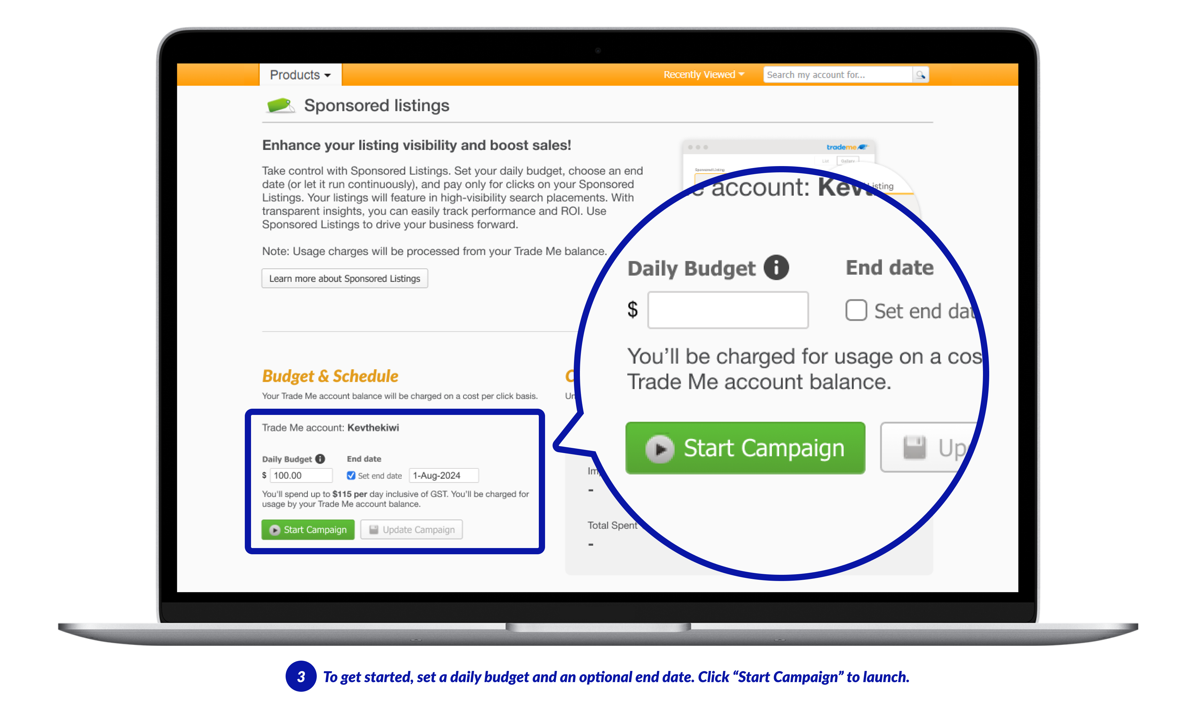 To get started, set a daily budget and an option end date. Click "Start Campaign" to launch.