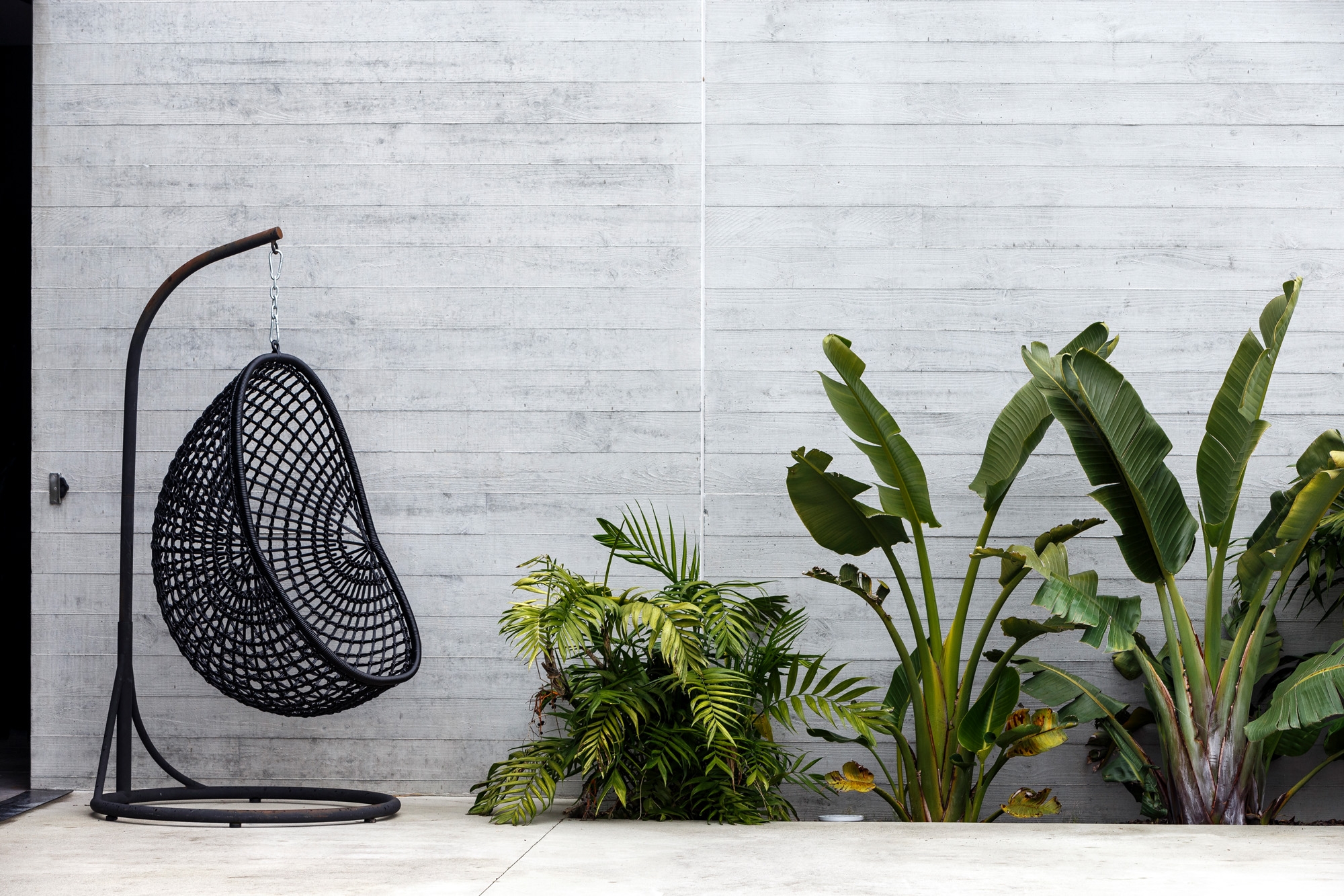 This image showcases a minimalist outdoor area with a light grey concrete wall as the backdrop. In front of the wall, there’s a black hanging chair with an open, woven design, suspended from a curved metal stand. To the right of the chair, various green plants, including large-leafed tropical varieties, are planted directly in the ground. The smooth concrete floor and clean lines of the wall and chair create a modern, serene atmosphere, while the greenery adds a touch of natural vibrancy to the scene.