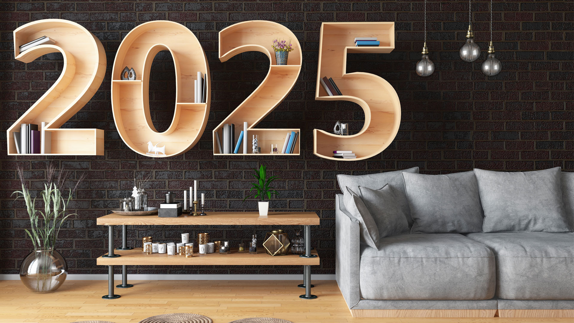 A modern living room with the bookshelves shaped into the numbers of 2025.