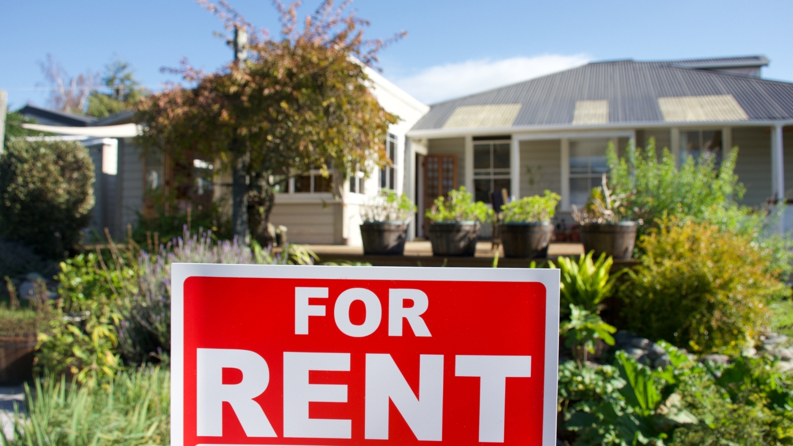 For rent sign in front of house.