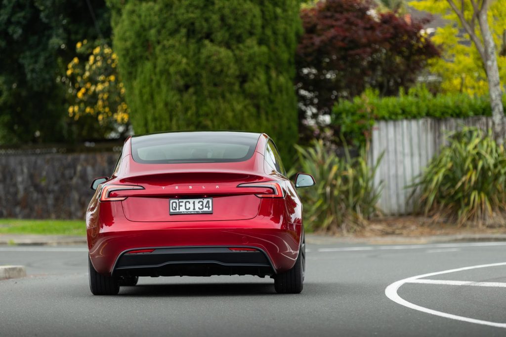 Tesla Model 3 RWD facelift rear cornering shot