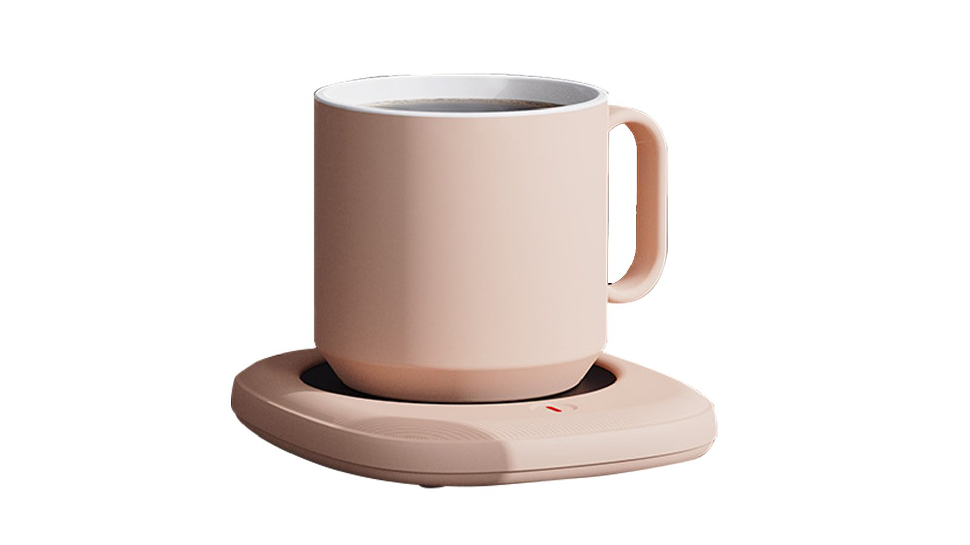 A salmon-pink mug on a coaster-sized mug warmer.
