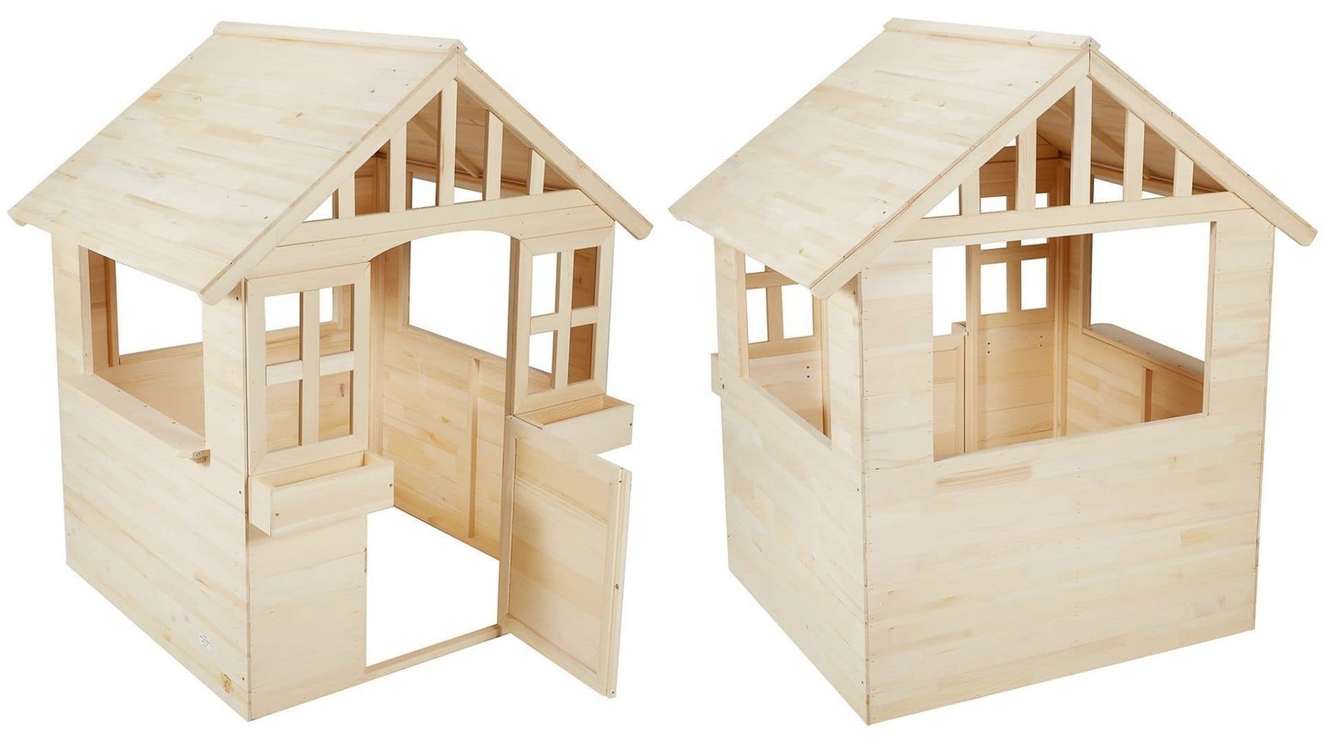 A plain wood outdoor playhouse.
