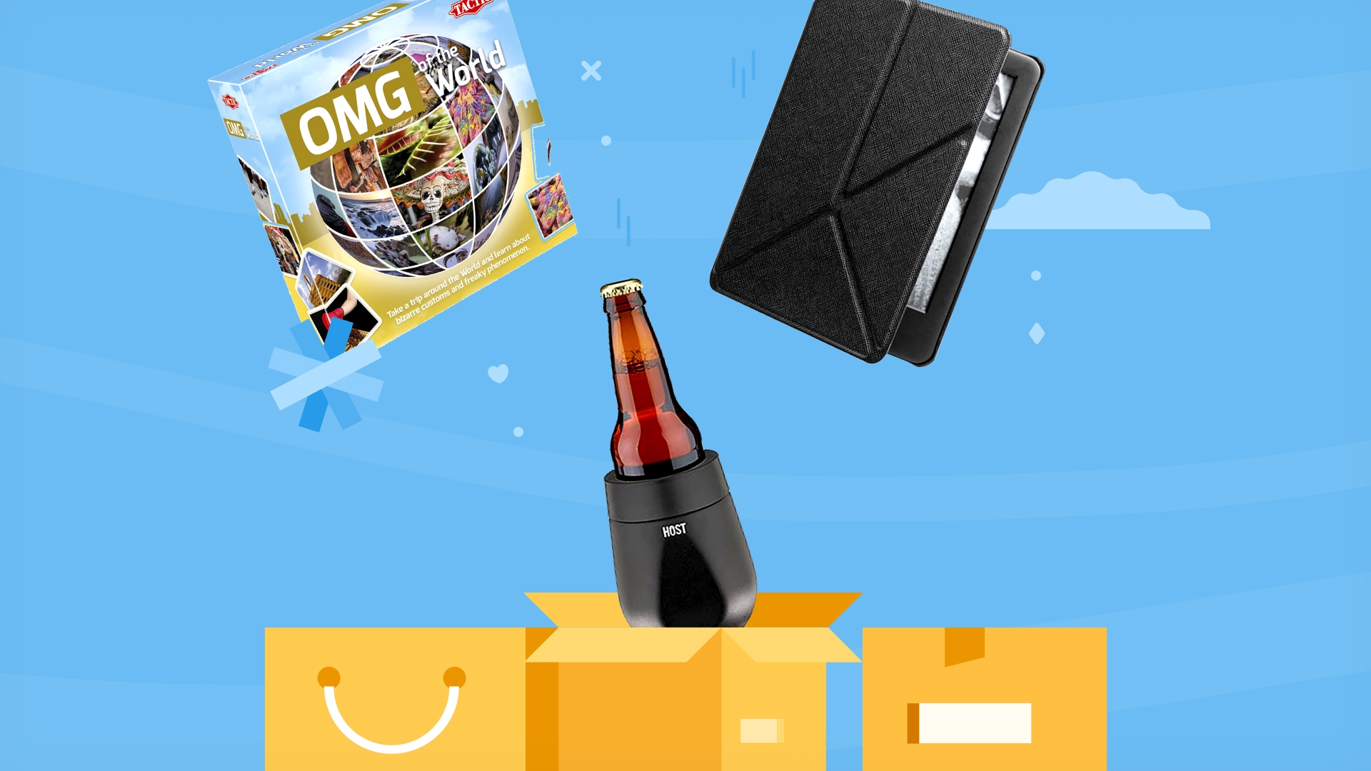  A selection of gifts on a blue background including a can cooler, a Kindle case and a trivia game.