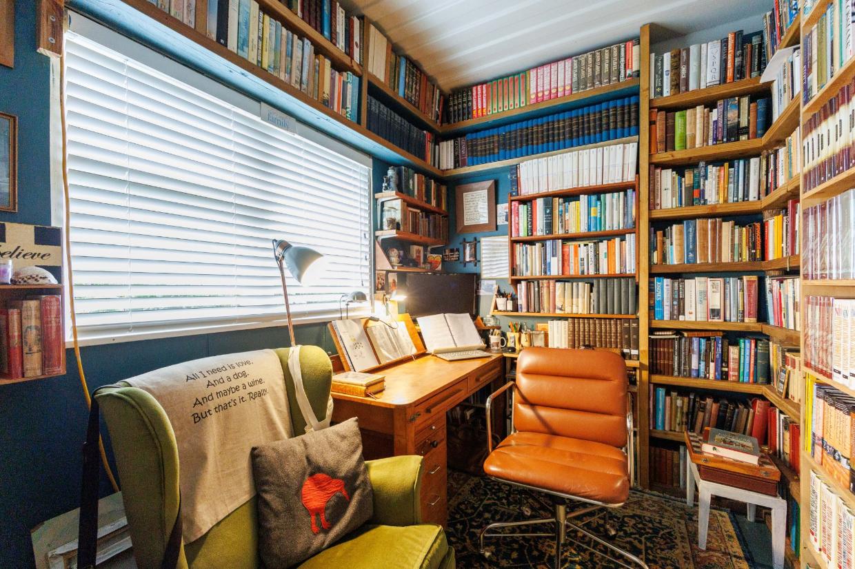 This is the library in the converted container. The shelves are made from recycled timbers
