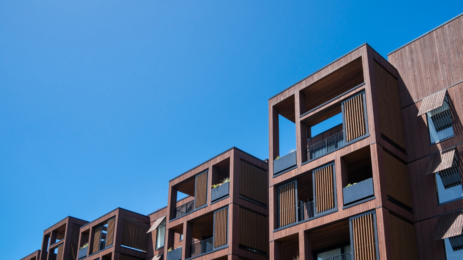 Image of apartments in NZ against blue sky. 