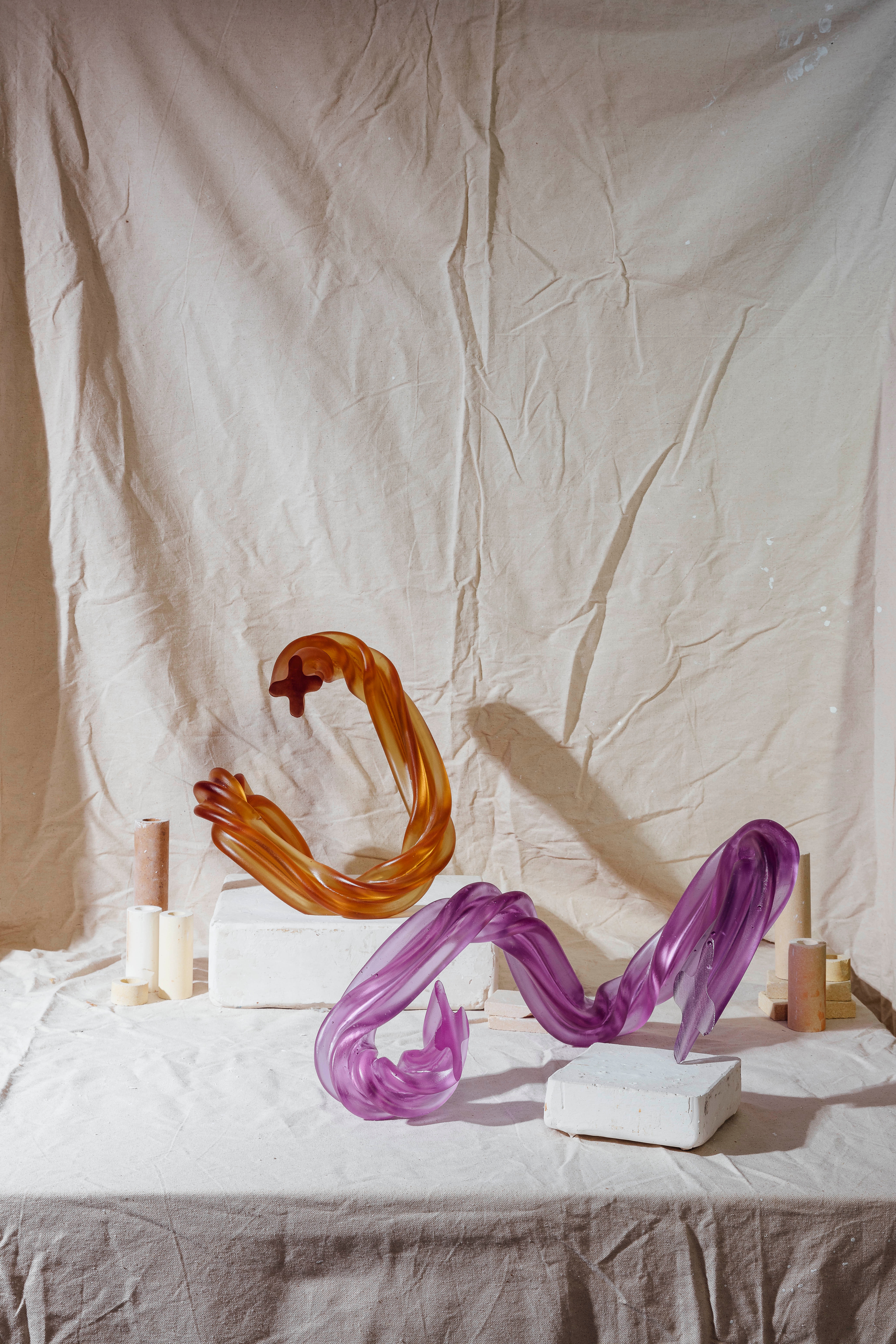  Glass is inherently about light, but colour also plays a significant role — which hues does Simon favour? “It may sound strange, but each one of my new twist pieces seems to have its own character. It’s my job to listen and give these guys a colour that suits their personality. If they’re flowing, undulating and relaxed, I might work in brighter colours, whereas more angular, serious forms suit industrial tones. In a show, I’m looking to group colours and forms that talk to each other, that feel like mates.”