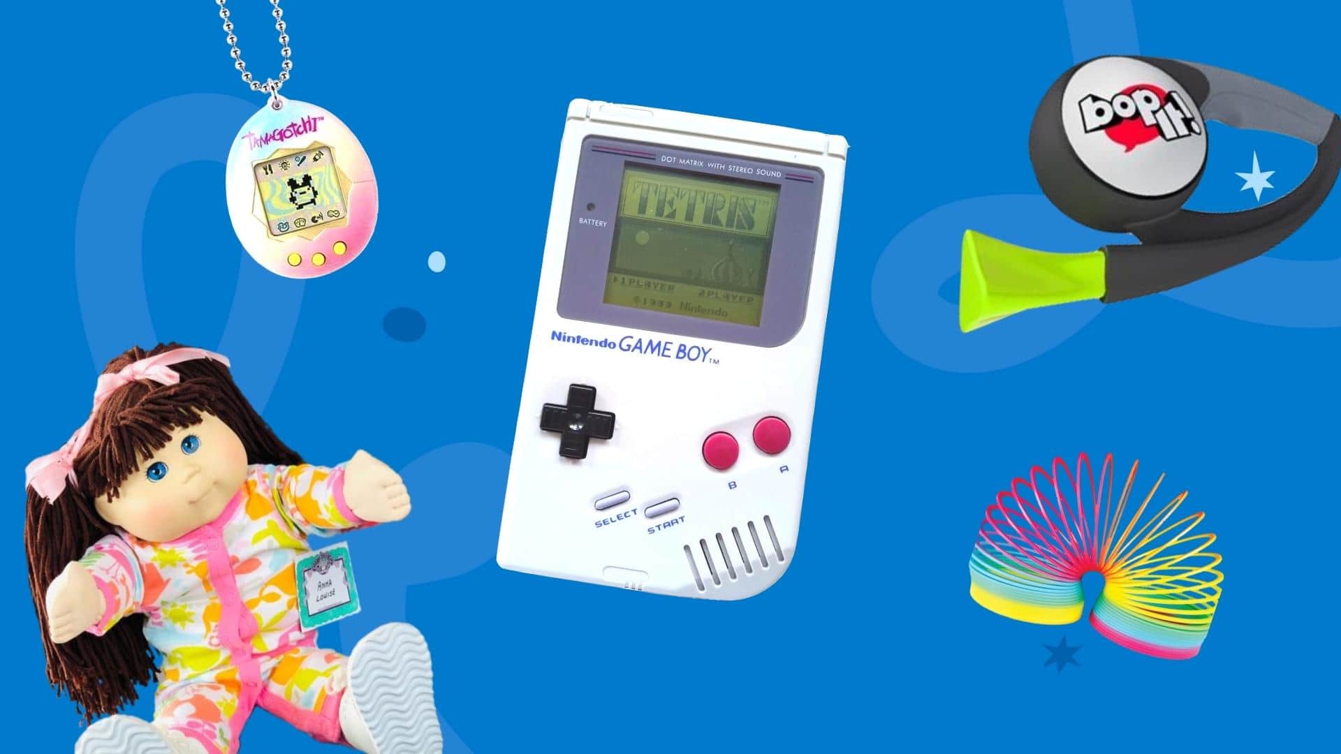 A blue graphic with a range of nostalgic 90s toys - a cabbage patch doll with brown hair and rainbow pyjamas, a rainbow coloured Tamagotchi toy, and grey Game Boy displaying a Tetris game on the screen, a Bop It toy and a rainbow coloured plastic slinky toy.