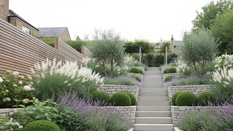 A multi-tiered terraced garden on a steep slope featuring light gray stone retaining walls, wide concrete central stairs, and symmetrical plantings of purple lavender, white ornamental grasses, and manicured green boxwood spheres.