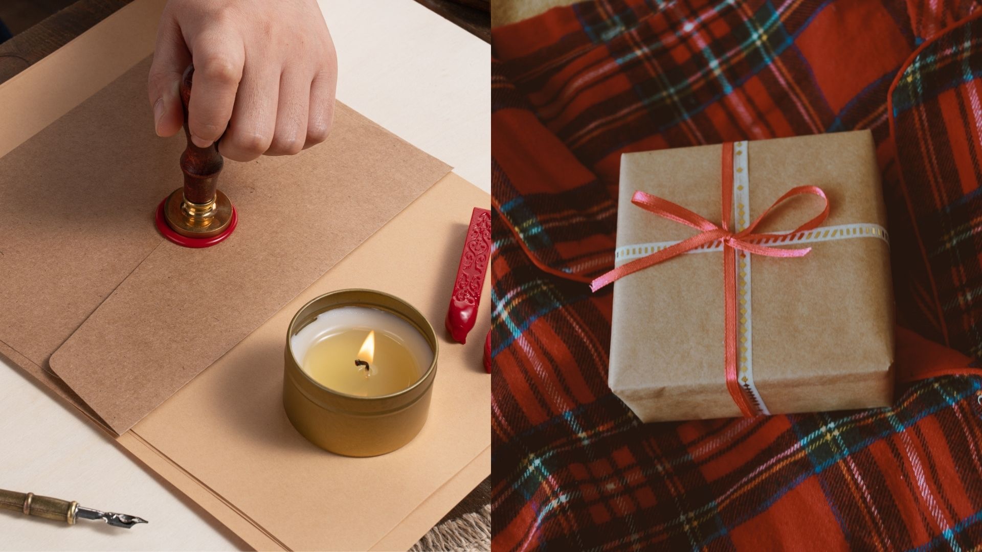 On the left, a hand uses a stamp to place a red wax seal on a brown envelope. On the right is a brown parcel with a red ribbon, placed on tartan fabric.