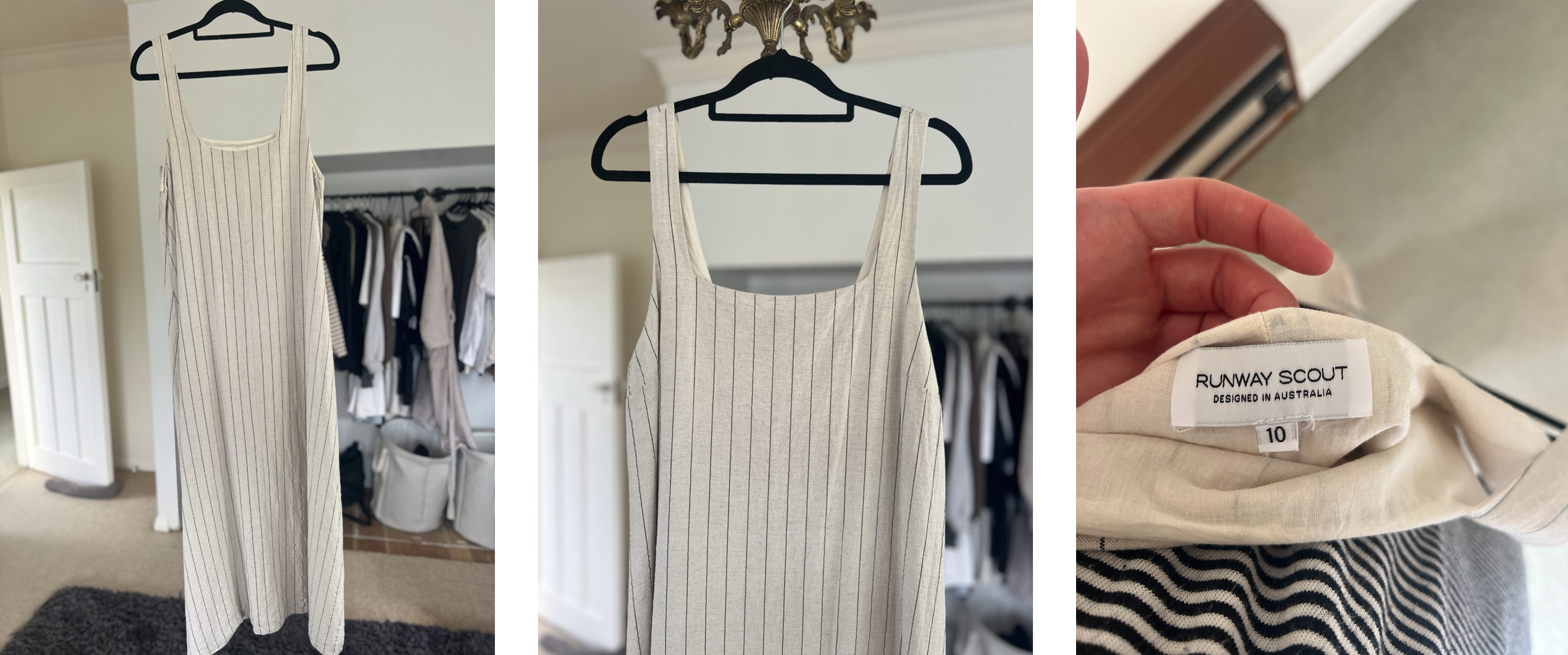 three images of a striped linen maxi dress, showing the front, a close up, and the label with size