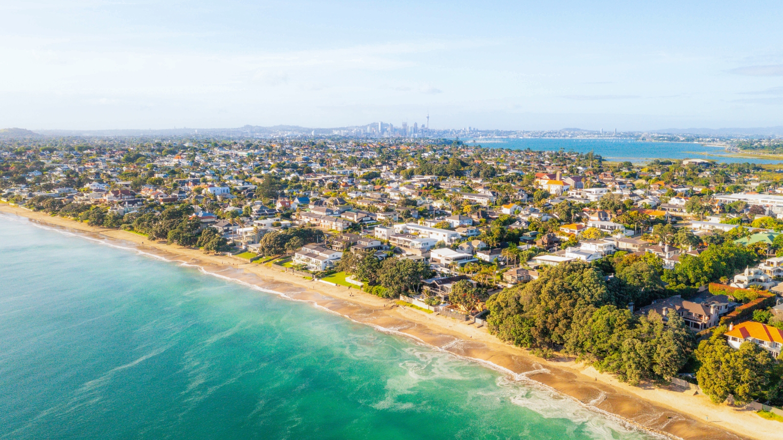 Auckland coastline from aerial view. 