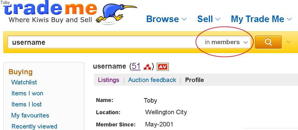 Trade Member profile page showing the members username "username" 51 feedback 3 feedback stars, AV address verification logo, their name : Toby, Location : Wellington City, member since May 2001.