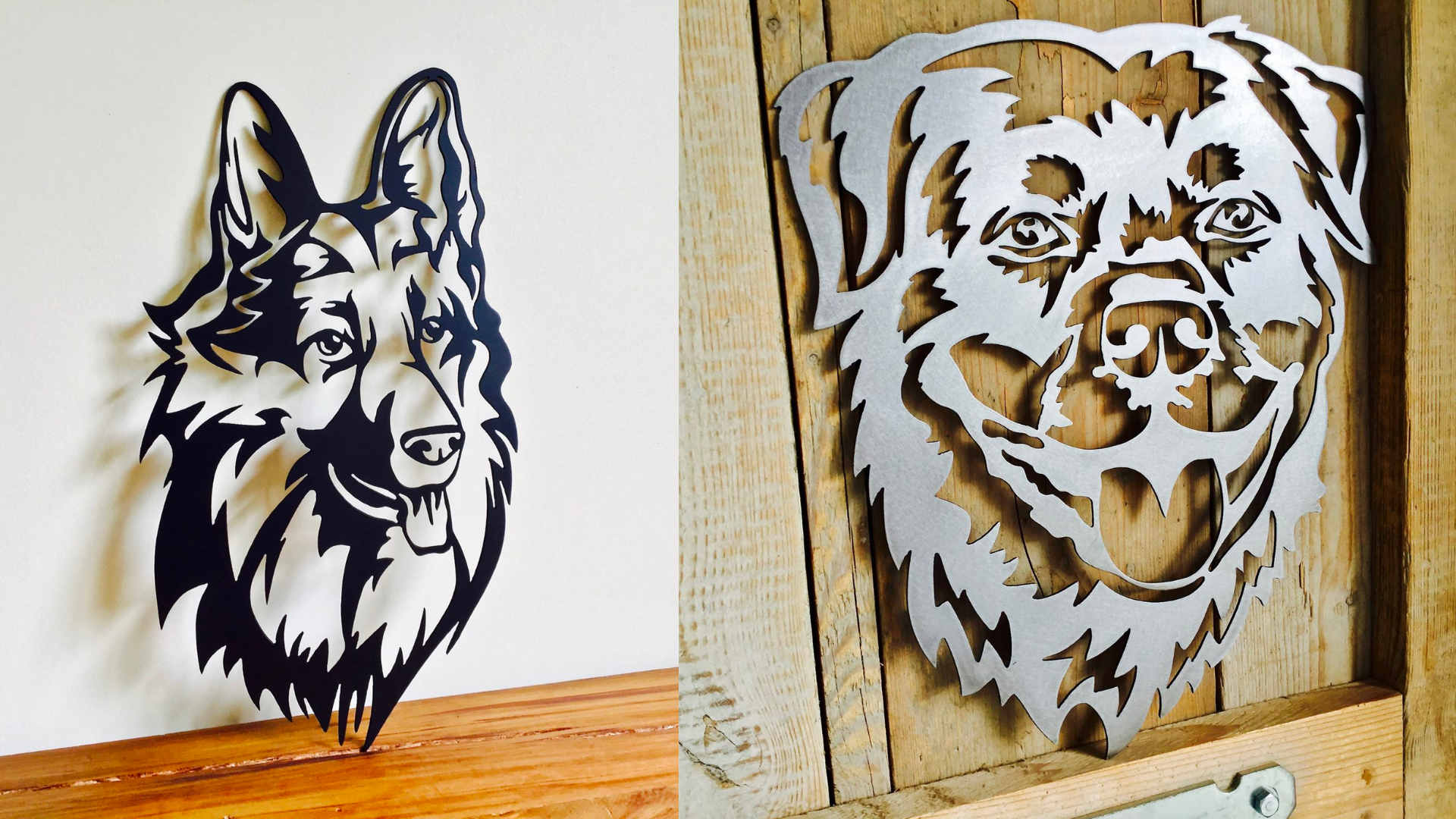 Custom-cut metal dog fence art, one German Shepard and one Rottweiler