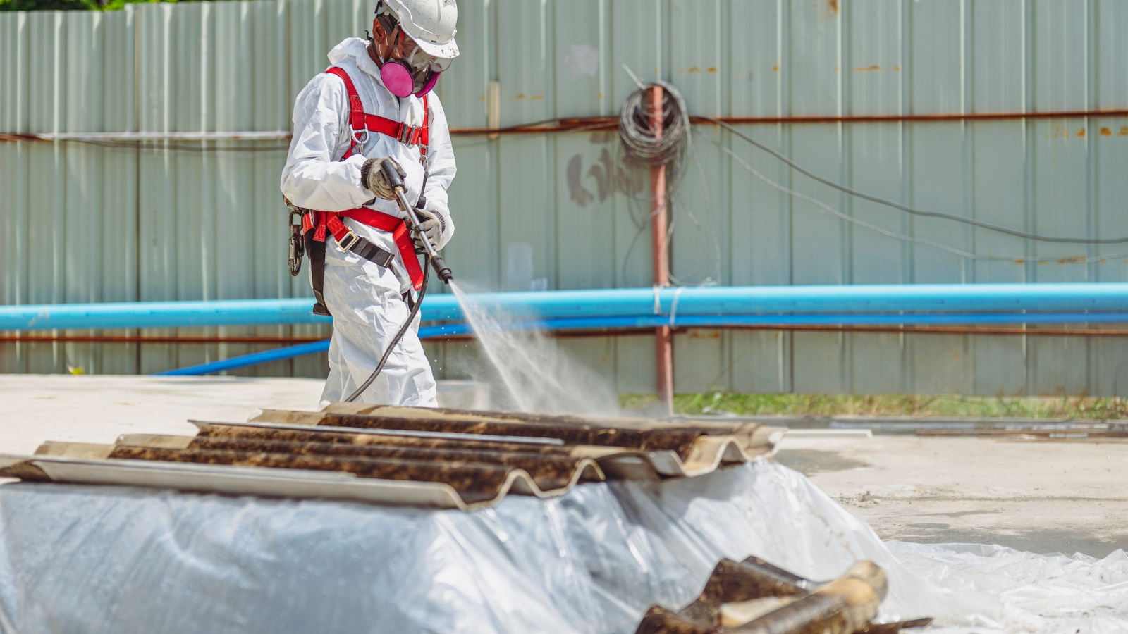 Asbestos removal expert in HAZMAT suit. 