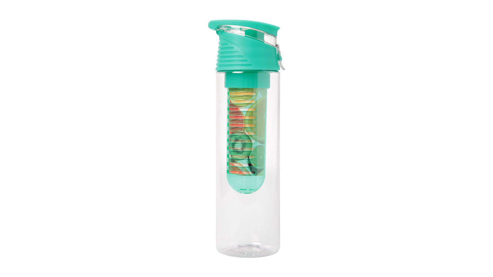 A clear infuser water bottle with a turquoise lid and chamber.