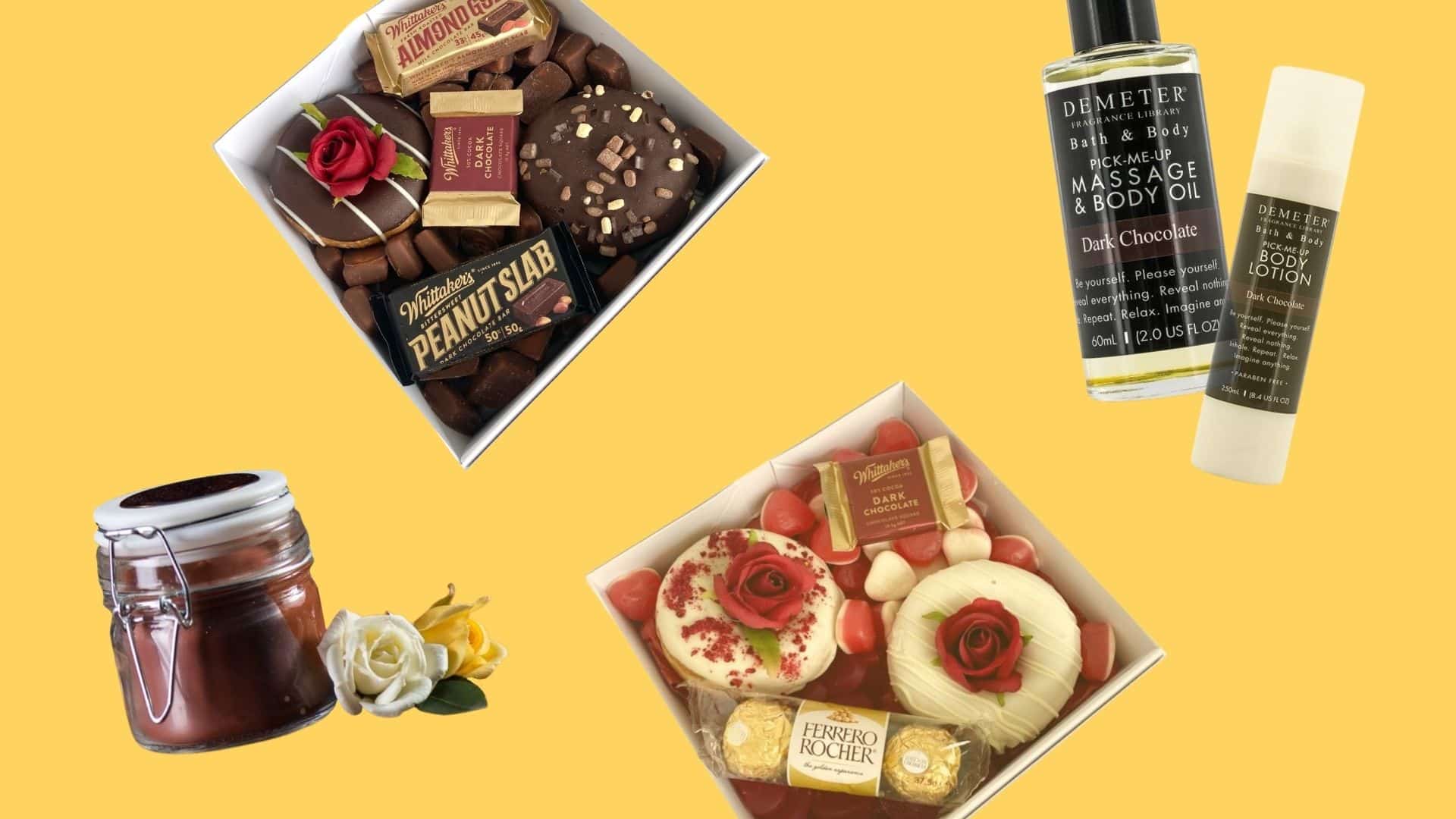 A collection of Valentine's Day gifts - two food gift boxes with donuts, lollies and chocolates, chocolate scented massage oil and lotion and a chocolate scented candle