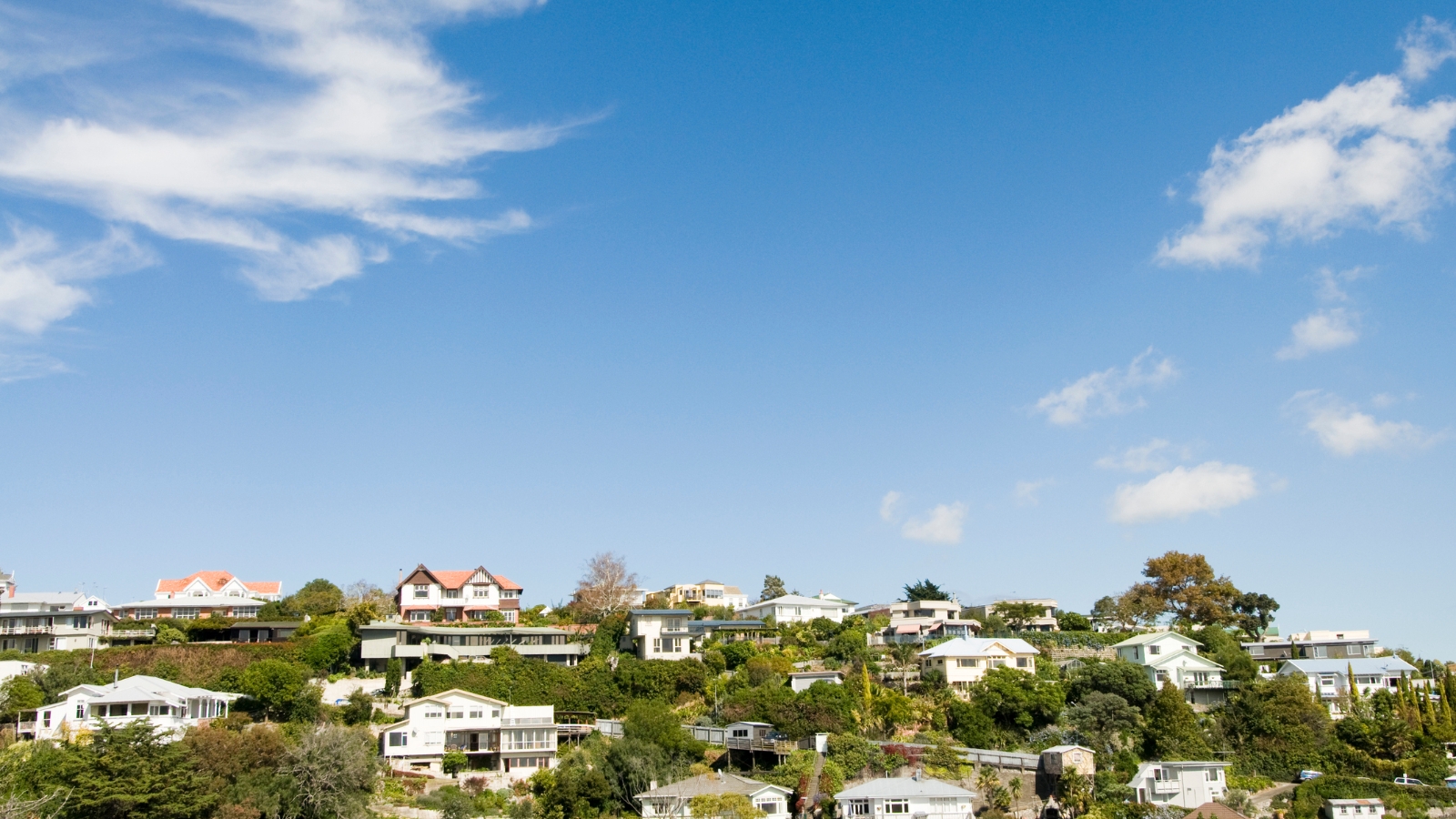 NZ houses in Auckland. Blue sky. NZ house crash. 