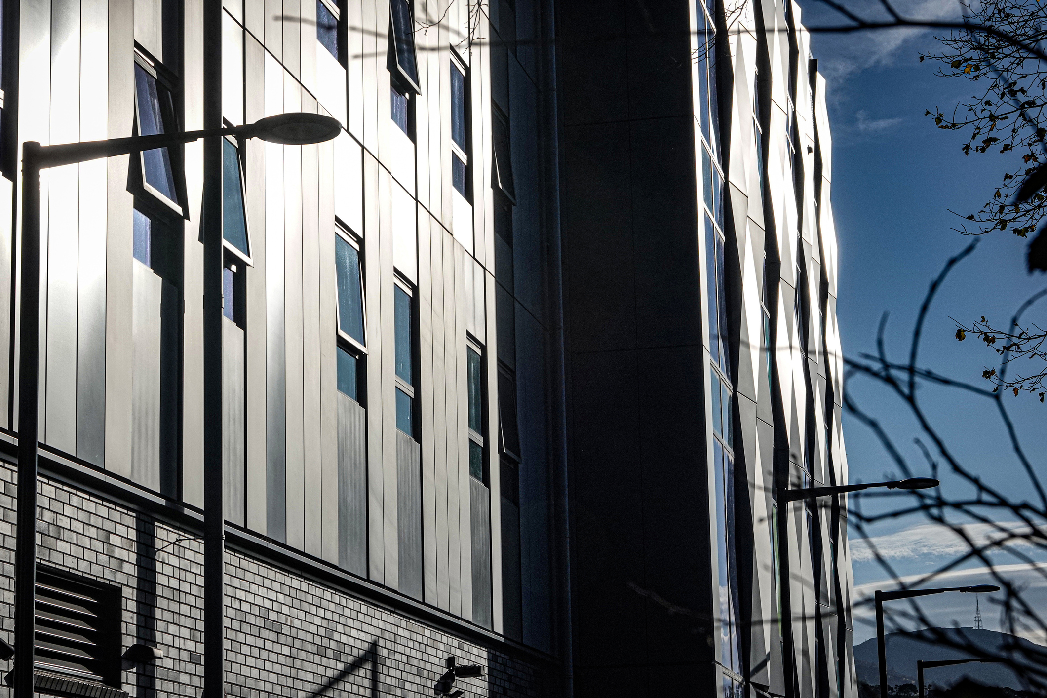 High contrast modern building facade in winter
