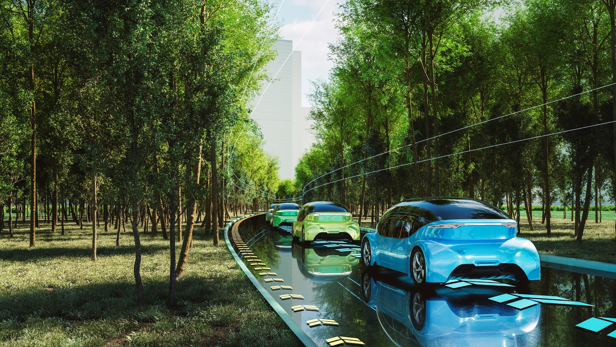 Rendered image of future transport - self driving, electric vehicles.