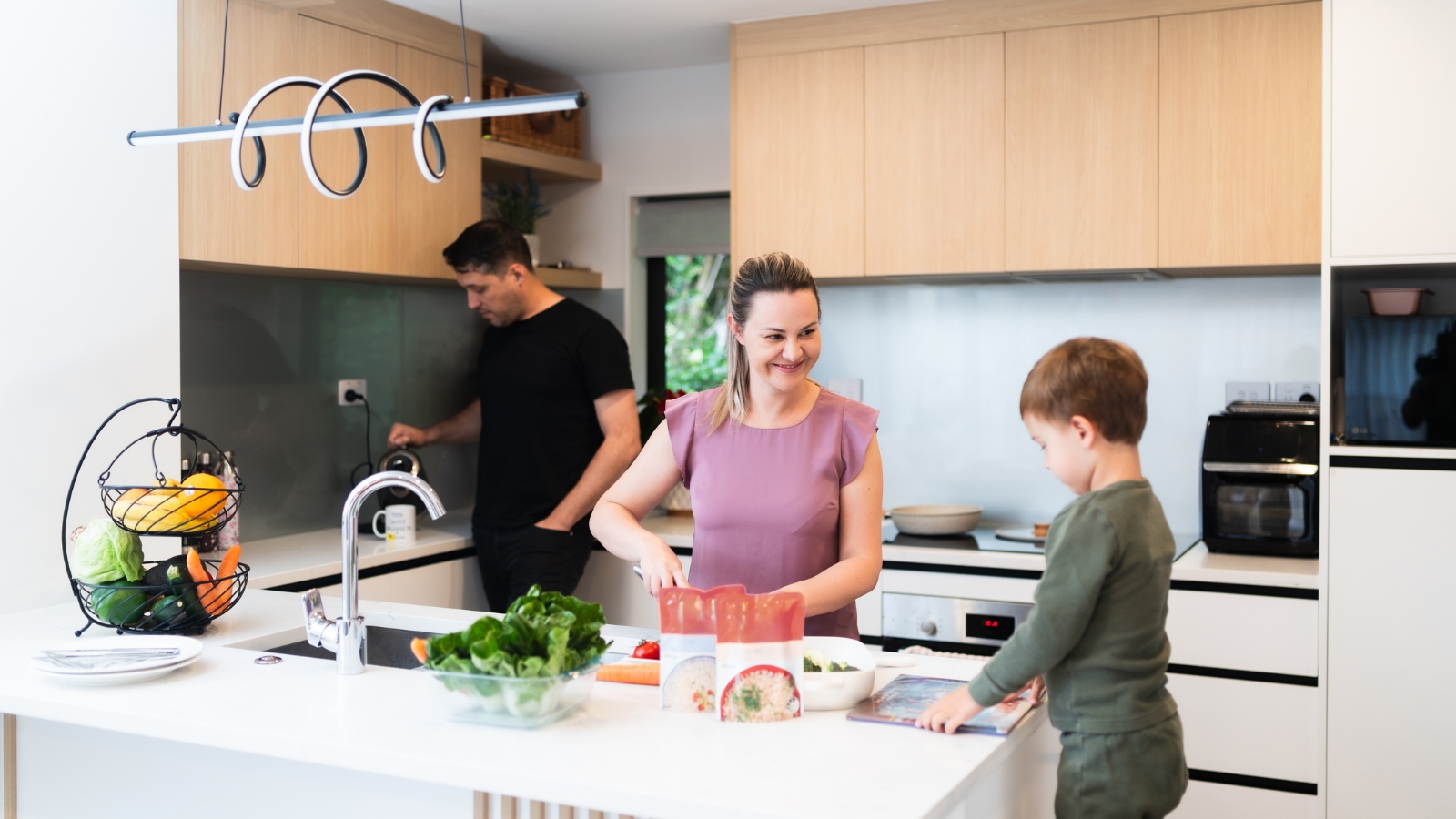 Family in apartment kitchen