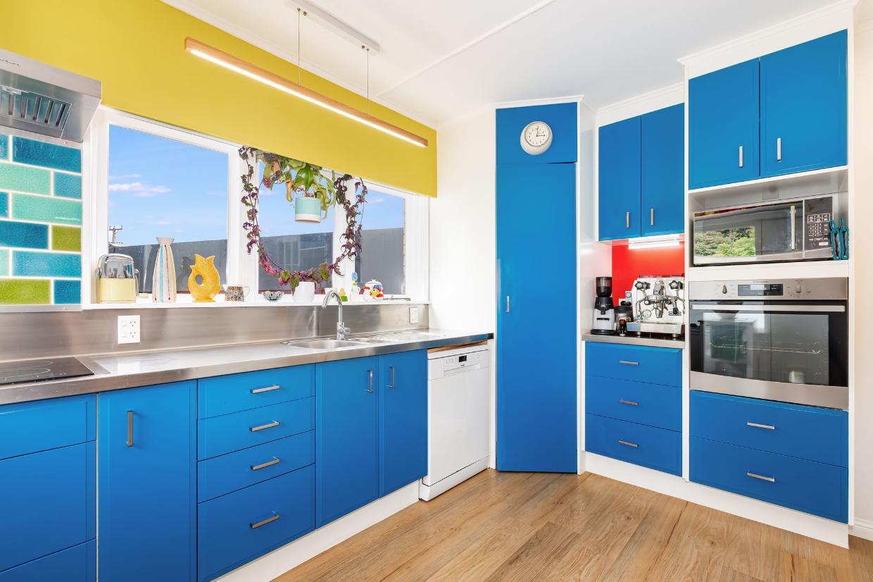 The kitchen is a riot of colour.