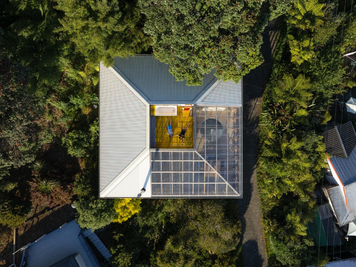 A bird’s-eye view of Upsticks, a Northland house by Spacecraft Architects that “flips indoor-outdoor living on its head”. Photo: David Straight