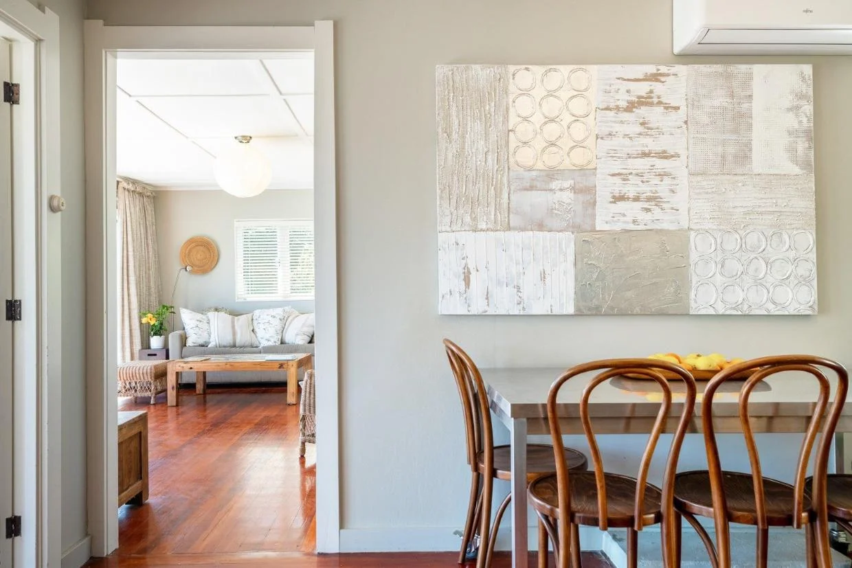 The slight separation between the two living spaces is useful when there are several people staying.