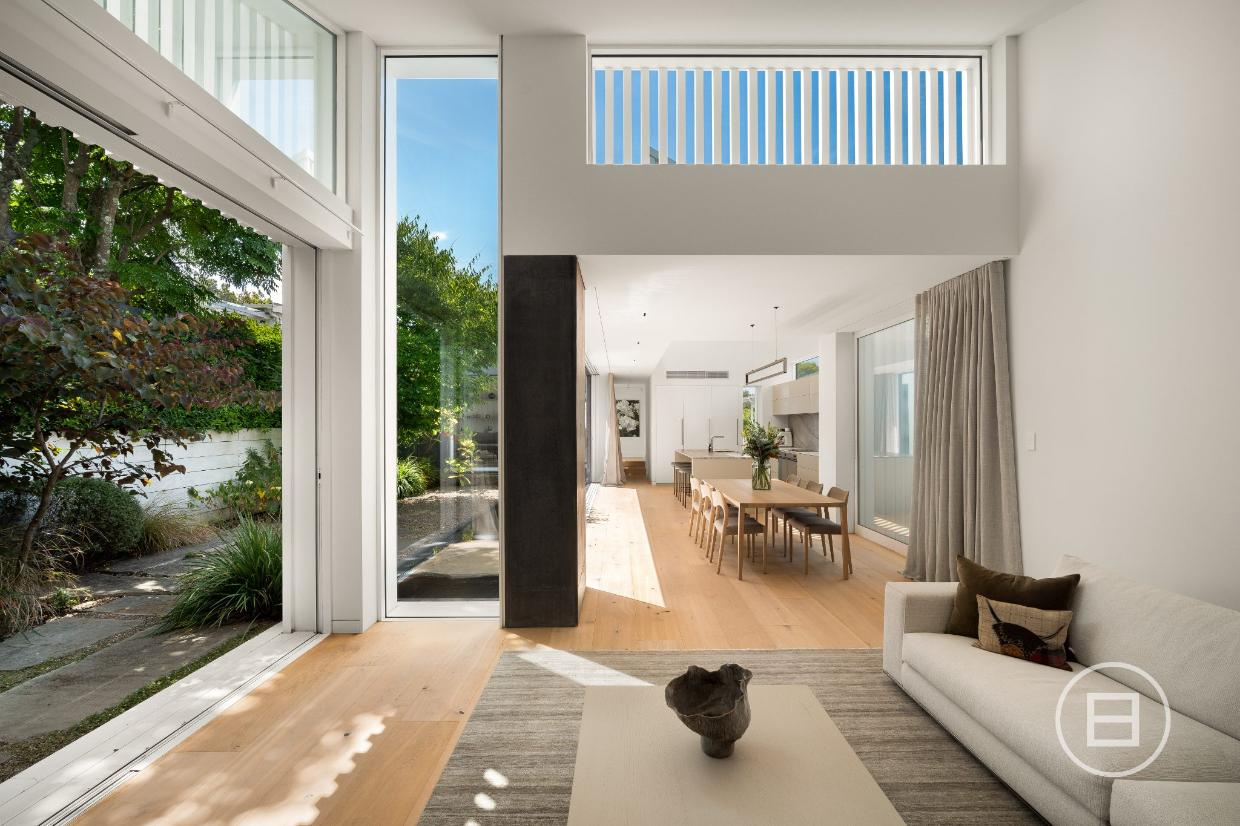 Battens across the clerestory windows create changing light patterns within 