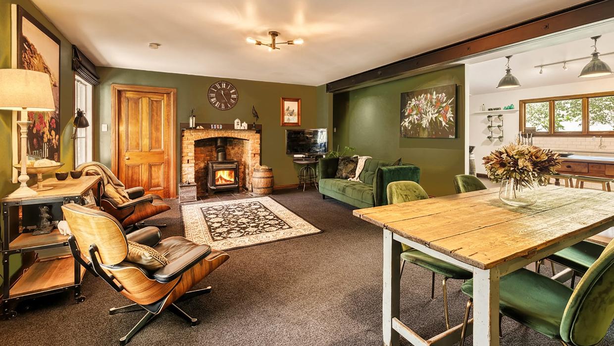 The main living room with a fireplace.